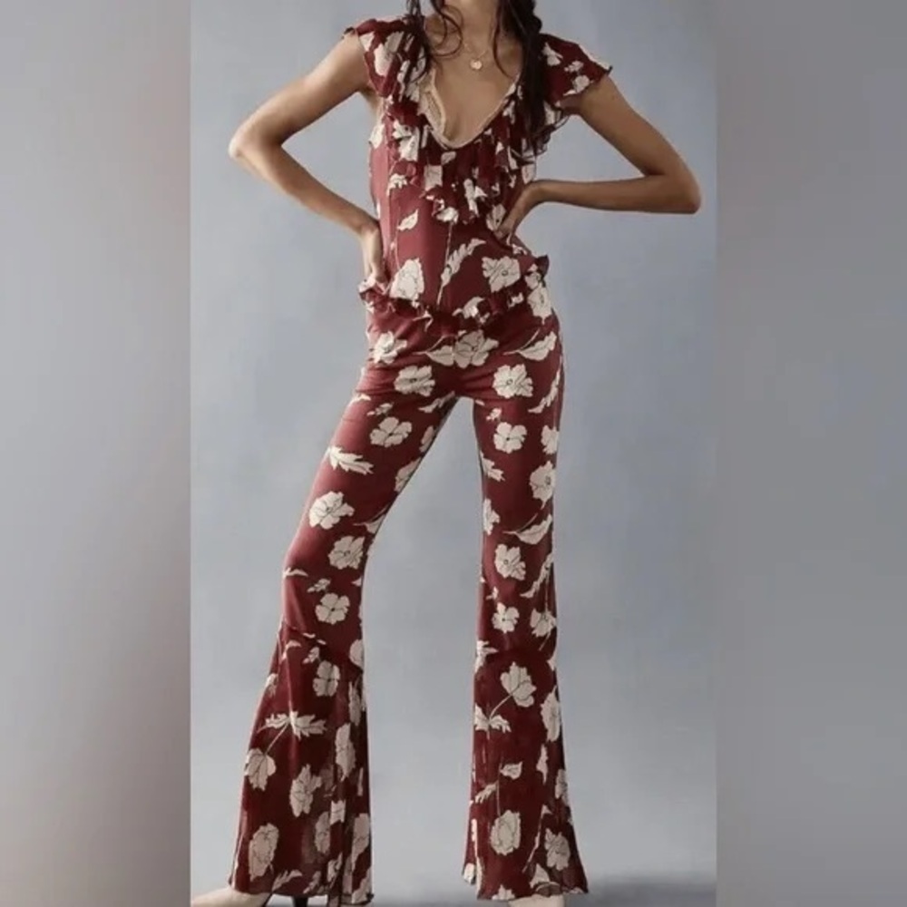 Free People Austyn Retro Brown Rust and Cream Jumpsuit with Flared Legs